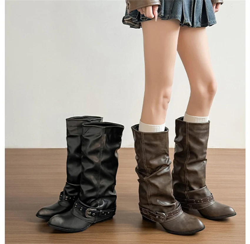 Punk-Style Belt Buckle Mid-Calf Boots for Women Square Heel Motorcycle Boots Pu Leather Pleated Boots Street Retro Riding Boots