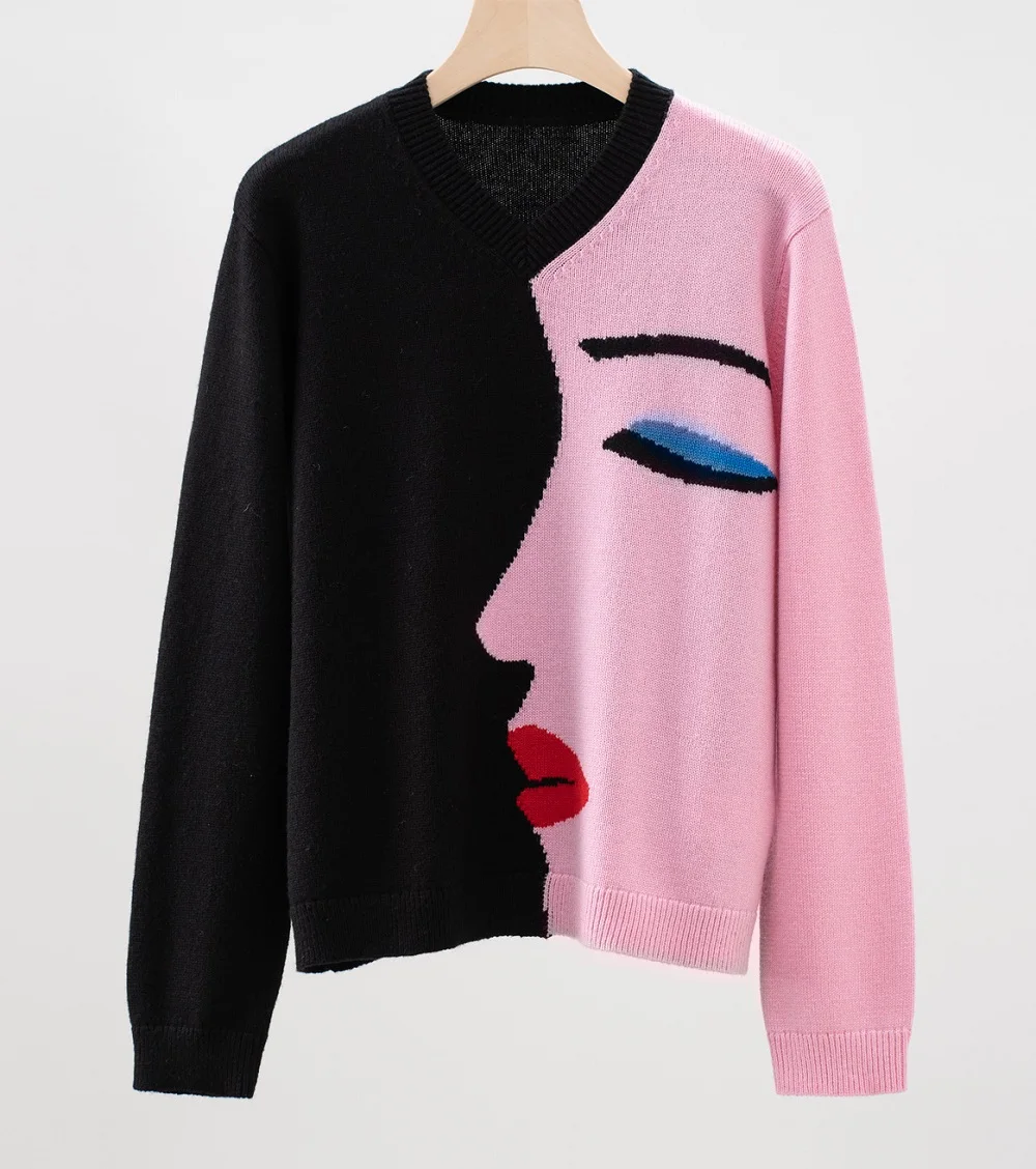 

High Quality New Sweaters 2025 Autumn Winter Pullovers Women V-Neck Cute Face Patterns Knitting Long Sleeve Black Pink Jumpers
