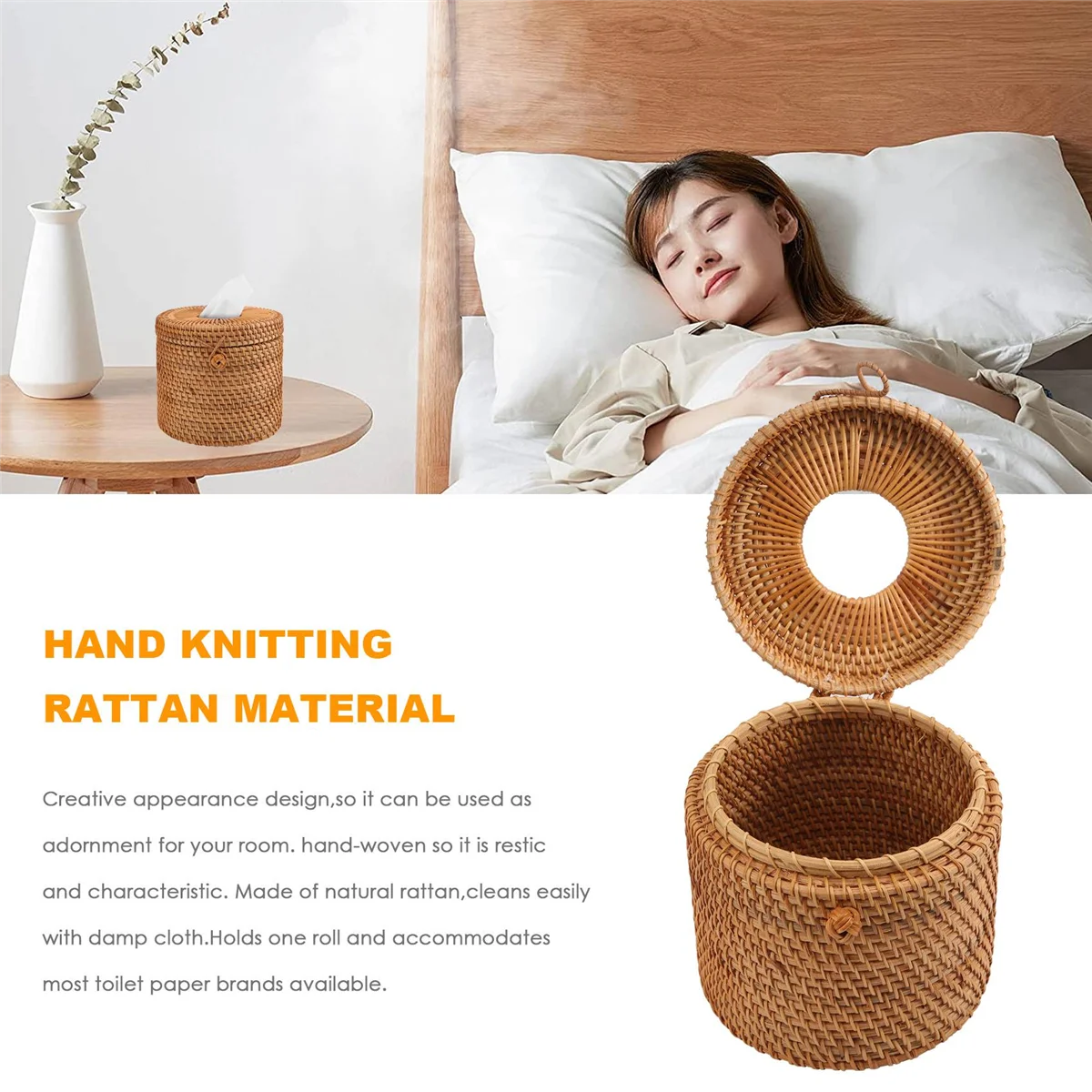 Round Rattan Tissue Box Vine Roll Holder Toilet Paper Cover Dispenser For Barthroom,Home,Hotel And Office