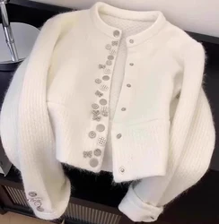 White Sweater Coats Women Spring Autumn New O-Neck Beading Single Breasted Knitted Cardigans Fashion Elegant Long Sleeves Tops