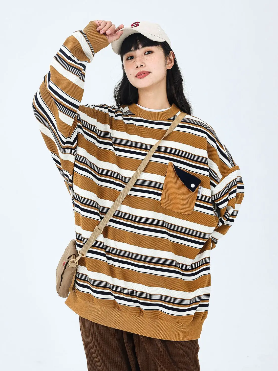 Trendy Autumn Korean New Patchwork Pocket Striped Sweatshirts for Men and Women Personalized Round Neck Couple Long-sleeved Tops