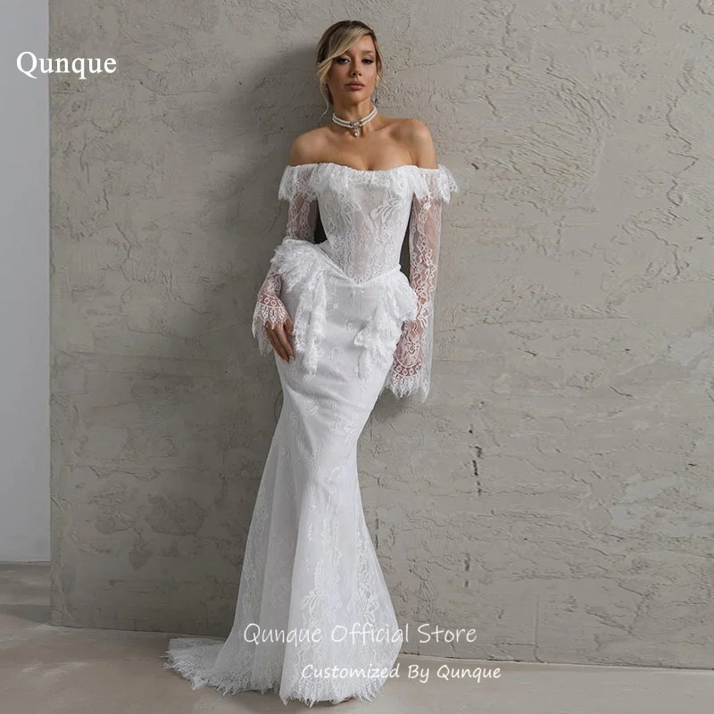 Qunque Elegant Ruffled Lace Waist Wedding Dress Off Shoulder Evening Dresses Mermaid Backless Vestido De Novia Boda Customized