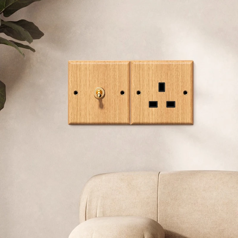 High Quality Retro UK 13A Type Vintage Wall Light Switch Socket, Solid Wood Brass Toggle Switch Plate, Antique Home Stay Switch