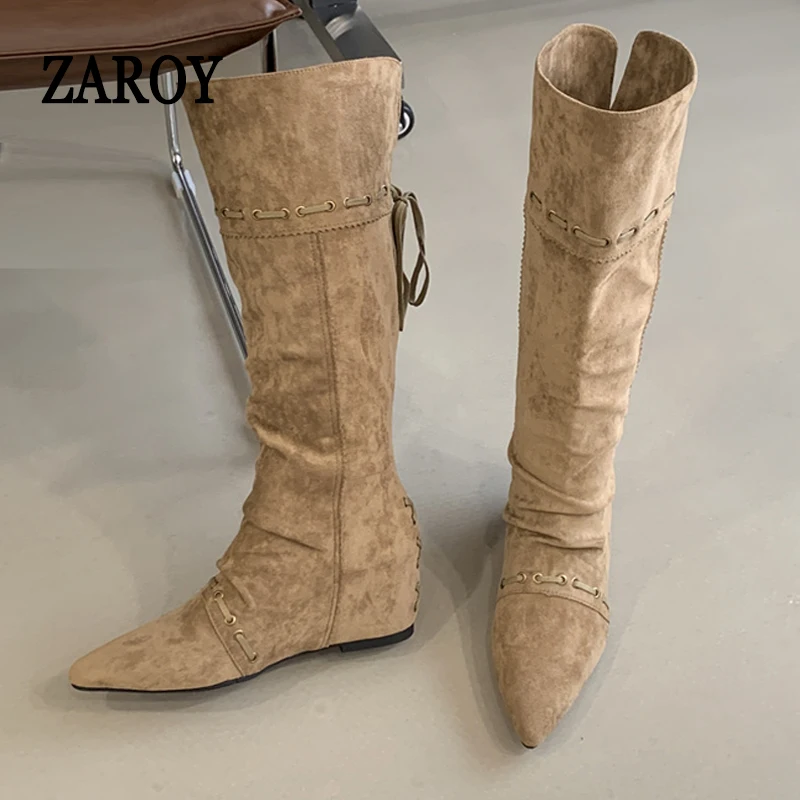 ZAROY Winter Women Boots Fashion Drawstring Lace Up Elegant Wedge Heel Pointed Toe Knee High Booties Casual Western Knight Botas