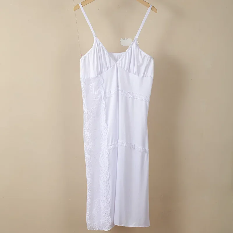 

Women Nightdress Sleeveless Satin Home Dressing Gown White Lace Patchwork Nightgown Suspender Sleepwear Lingerie Underwear
