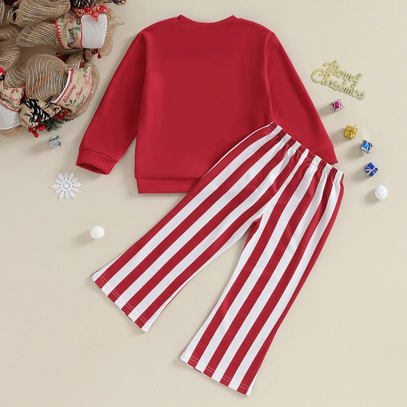 Toddler Christmas Outfits 2Pcs Little Girl Fall Clothes Snowflake Print Red Crewneck Sweatshirt Striped Pant Set