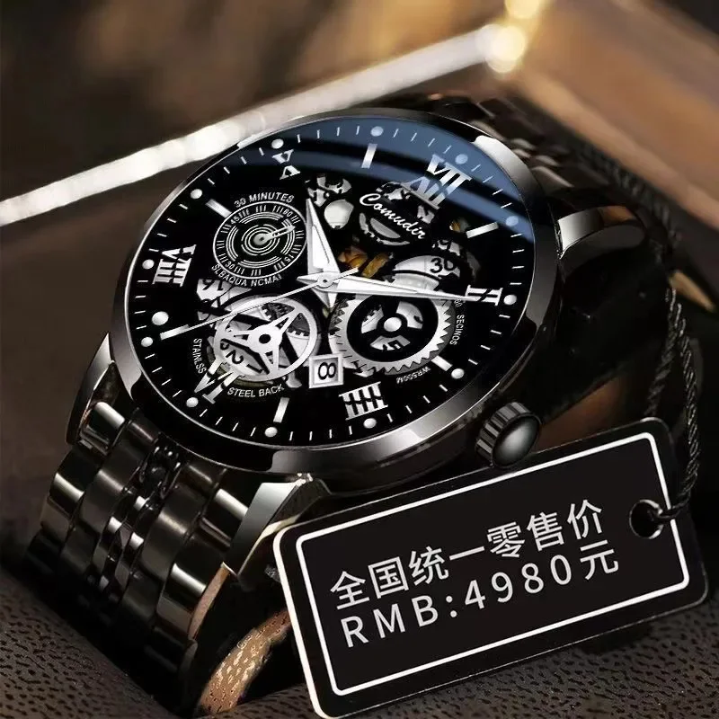 Mens Quartz Watch Trendy Fashion Business High Quality Watches Hollow Out Technique Roman Waterproof Male\'s Clock Wrist Watch