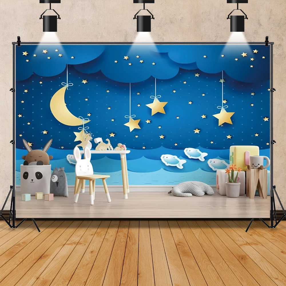 Laeacco Newborn Photography Background Birthday Poster Moon Stars Blue Clouds Baby Shower Cartoon Backgrounds Photocall Backdrop