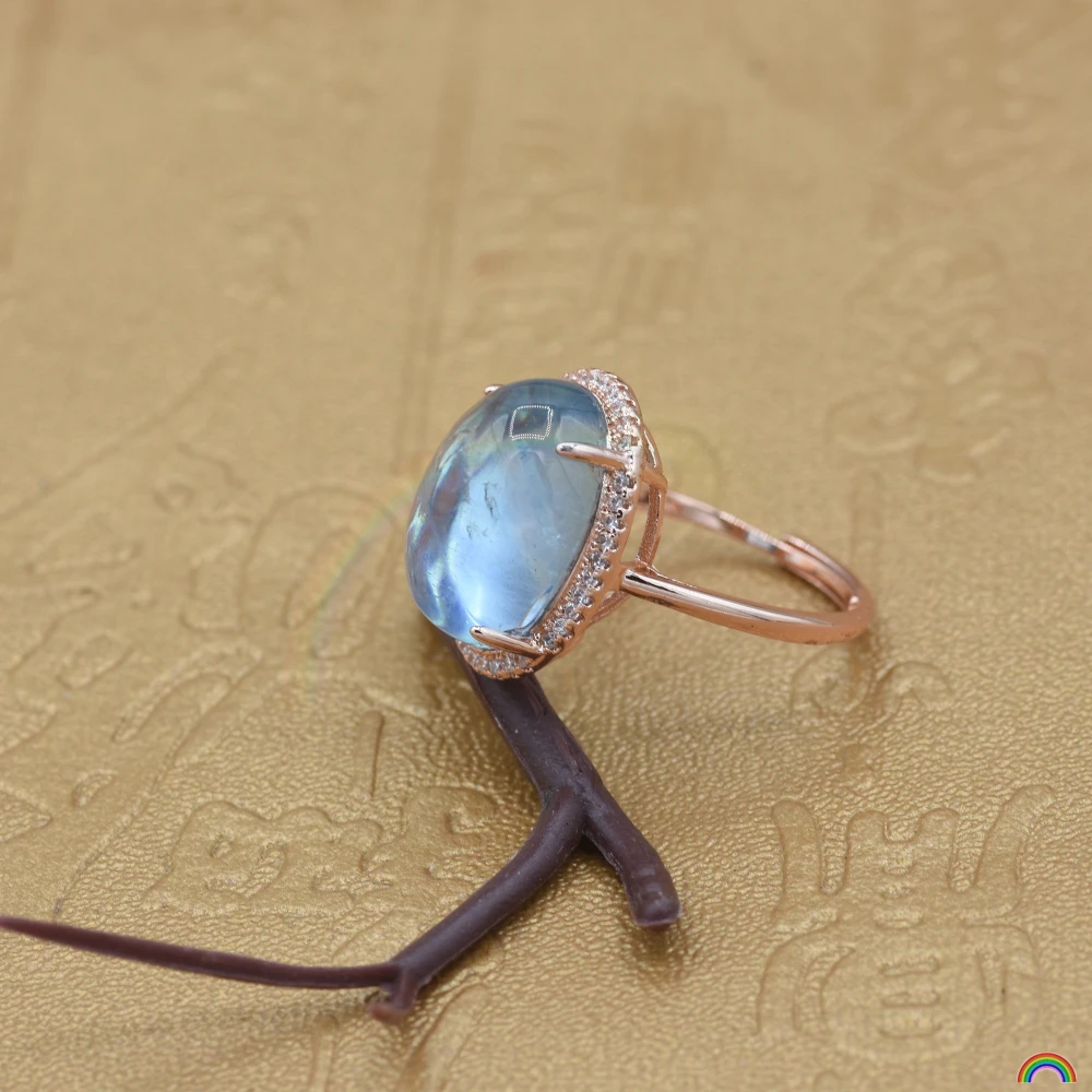 Natural aquamarine crystal ring opening design s925 silver inlaid temperament ring Rwbuy brand design