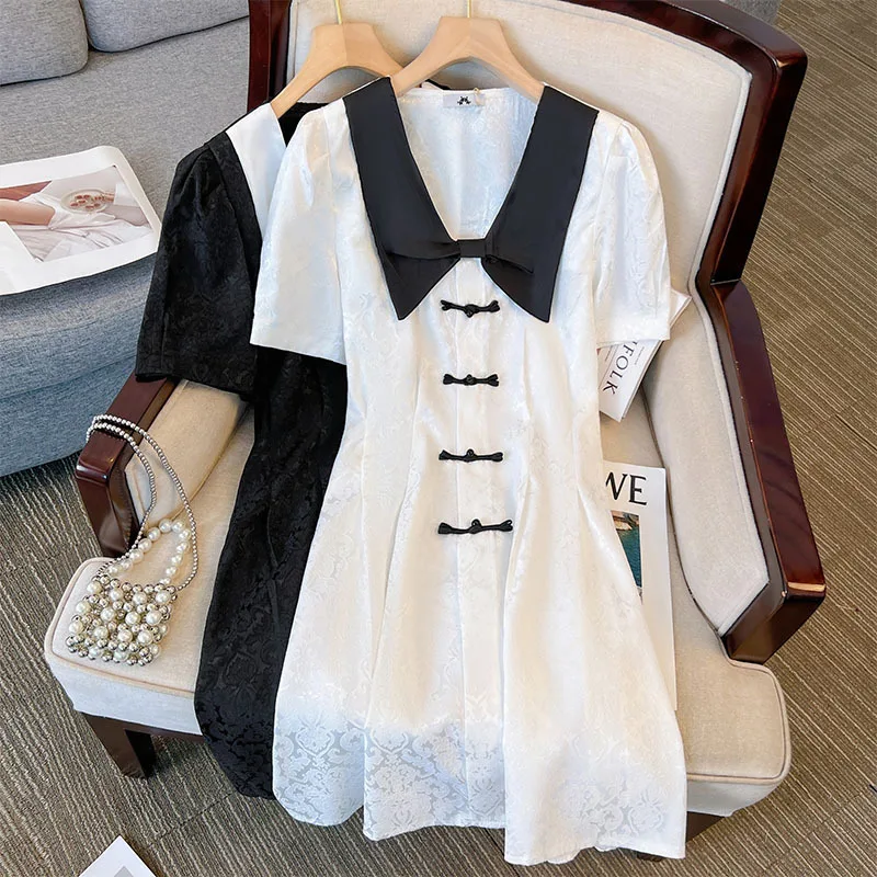 

150Kg Plus Size Women's Bust 149 Summer Loose Doll Neck Short-Sleeved Waist Dress Black White 4XL 5XL 6XL 7XL 8XL 9XL