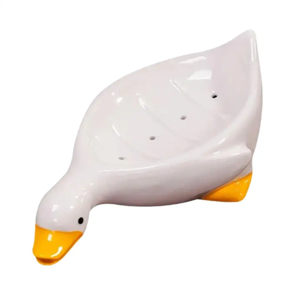 Yellow Duck Shape Soap Box Self-draining Soap Rack Mini Butter Glass Lid Ceramics Dish Soap Tray For Shower Bathroom Kitche B0X3