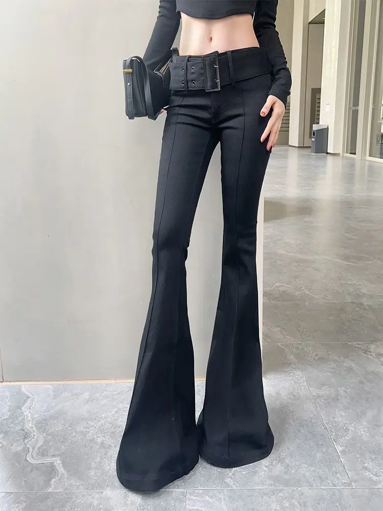 

Vintage Black Low Waist Bell Bottom Flare Jeans Women Slimming Denim Long Trousers Streetwear Skinny Fashionable Trendy Pants
