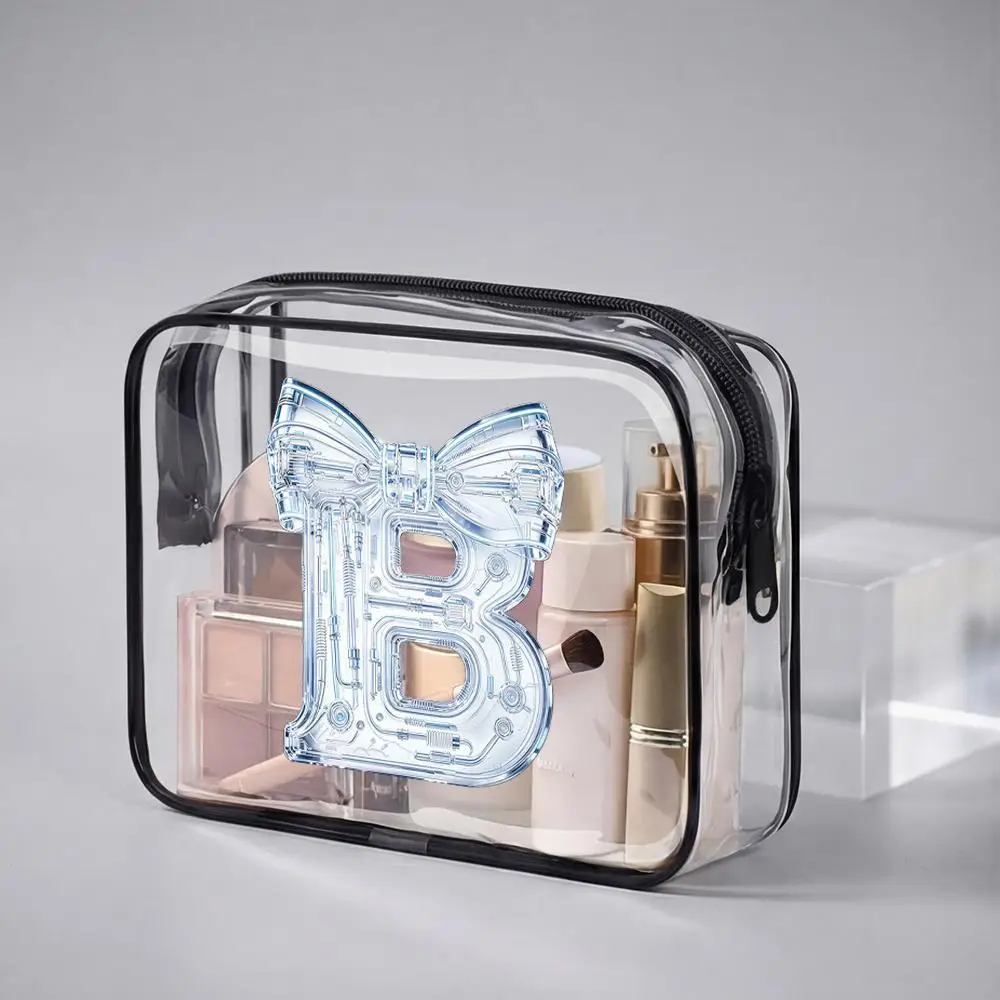 Cyberpunk Mechanical Monogram AZ With Bow Clear PVC Cosmetic Bag Futuristic Tech Alphabet Letter Makeup Pouch Portable Travel
