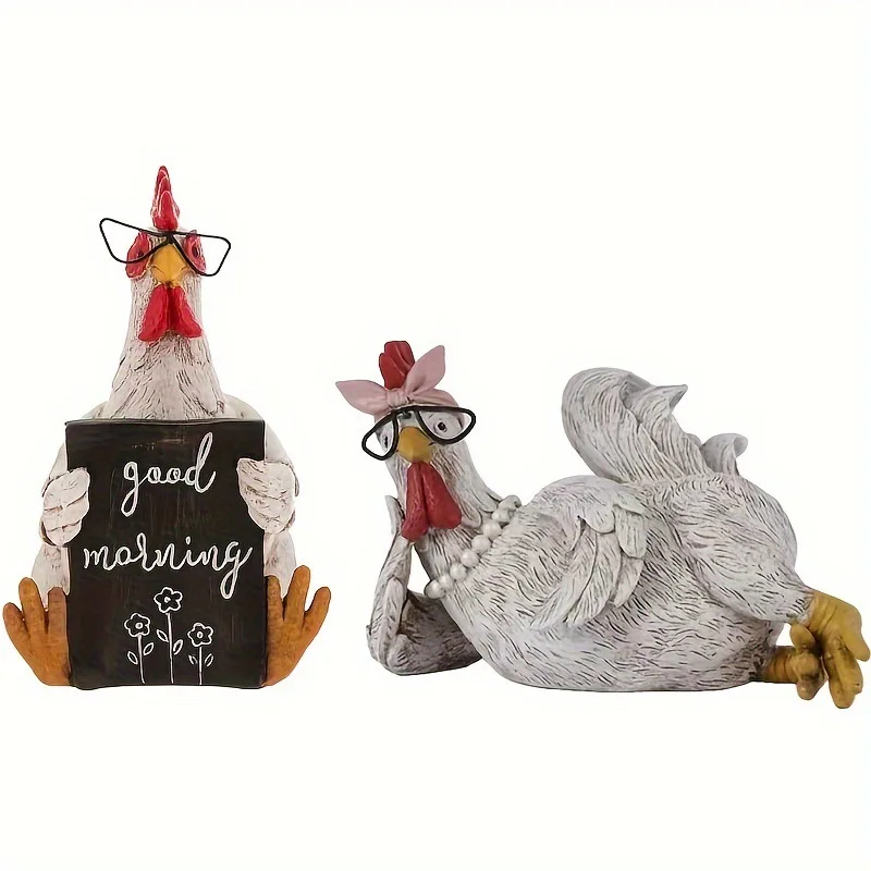 

Rooster and Chicken Figurine Rustic Good Morning Chicken Statue Home Office Desktop Bedroom Patio Farmhouse Decor Ornament Gift