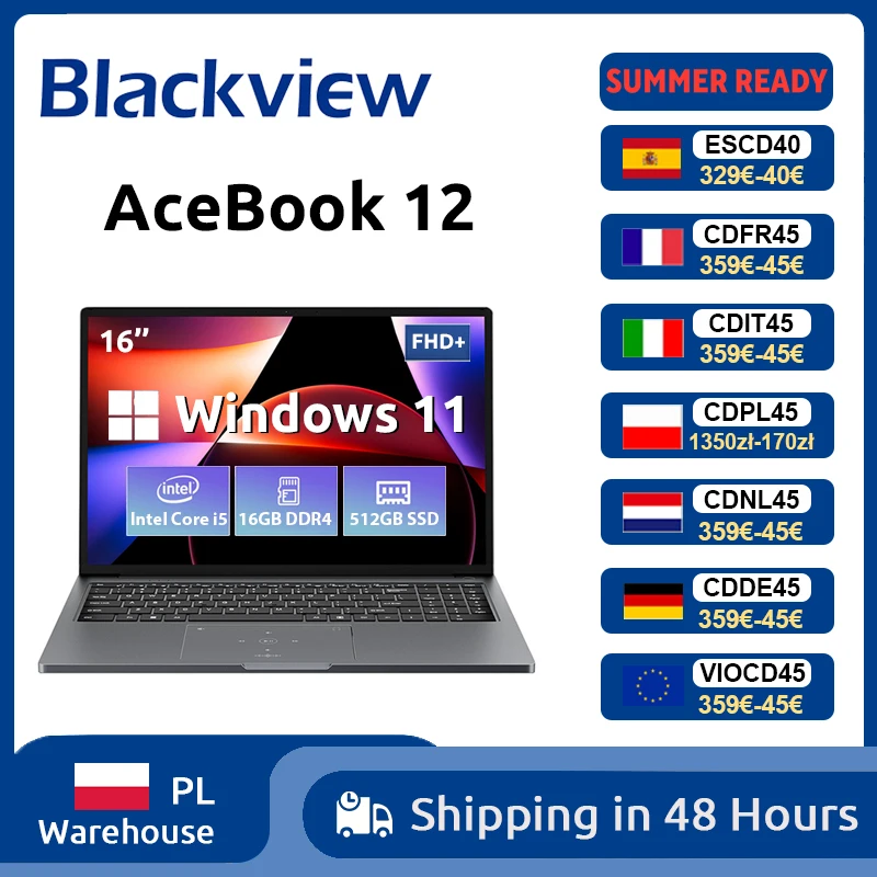 Blackview AceBook 12 Win 11 Laptop 16'' FHD IPS, Intel I5-1030NG7 Notebook, 16 GB RAM 512 GB SSD, 2-in-1-Fingerabdruck-Netzschalter