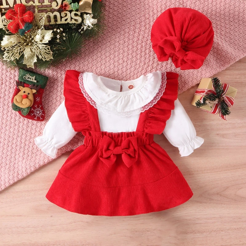 Baywell Christmas Baby Girls Dresses Lace Ruffle Long Sleeve Jumsuits Bow Solid Slip Dress Hat 3Pcs Infant Toddler Xmas Clothes