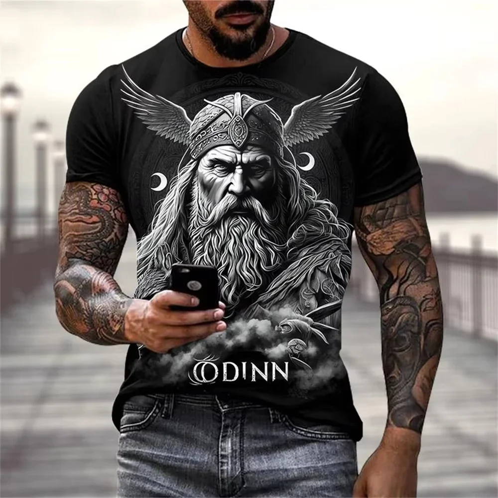 Viking Print Men's T-shirt 3D Digital Tattoo Casual Short Sleeve Loose Fit Summer  Round Neck Tee for Young Men