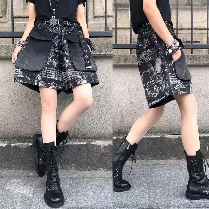 Denim Shorts Women Loose Big Pockets with Five Points Hot Pants Trend Summer New Big Size Fashion Print Wide Leg Jeans Shorts