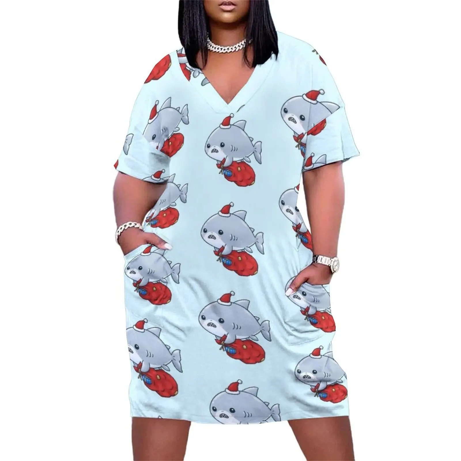 

Christmas Santa Shark Loose Pocket Dress Women long dress Women's skirt