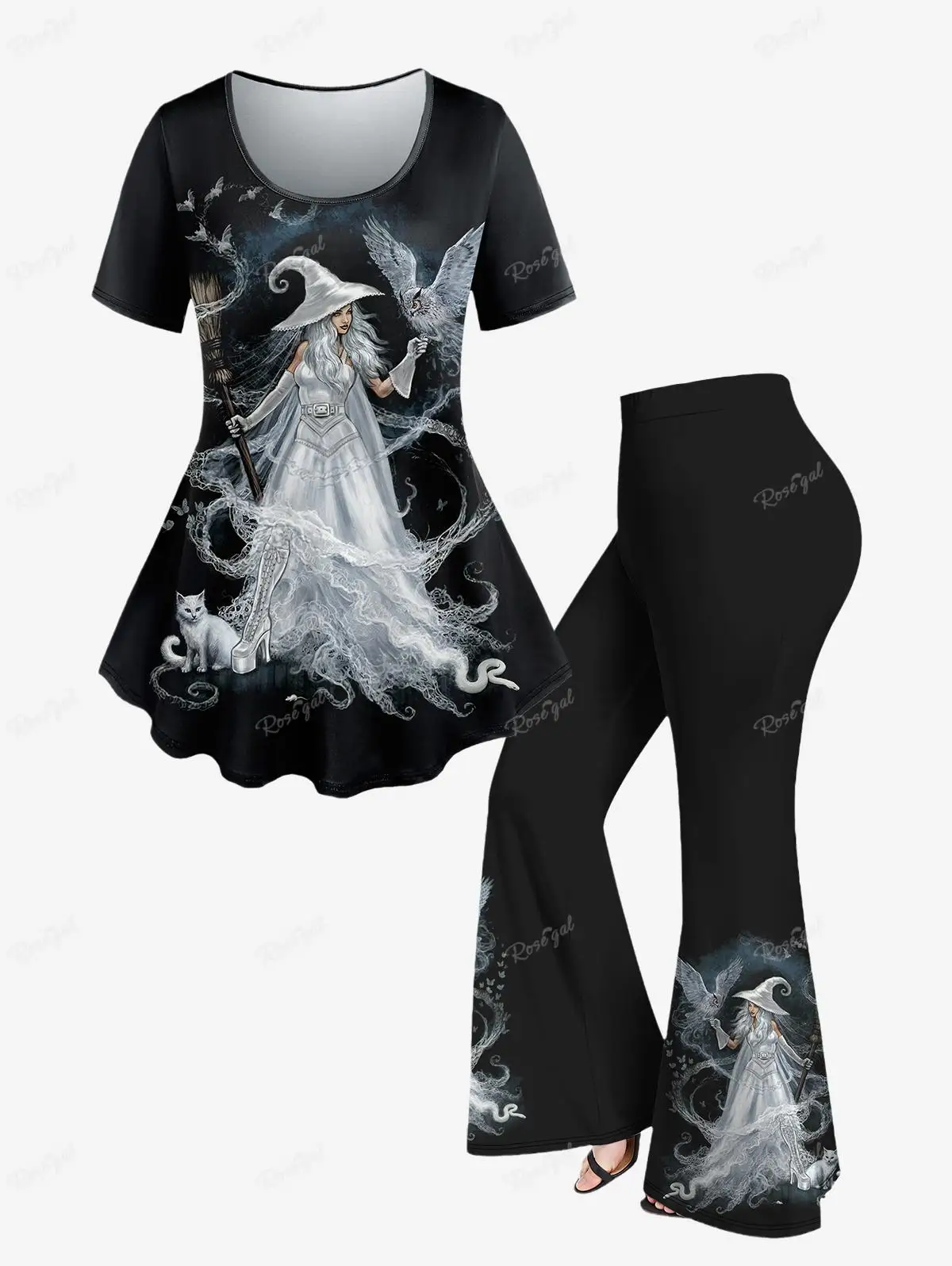 Plus Size Outfit Witch Eagle Cat Printed T-shirt Or Flare Pants Short Sleeves Halloween Tops Trousers Casual Women\'s Suits
