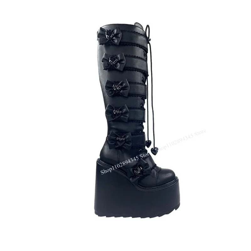 Black Knee High Bow Knot Lace Up Boots Platform Wedge Fashionable Sexy Cool 2024 Winter Big Size Woman Shoes Zapatillas Mujer