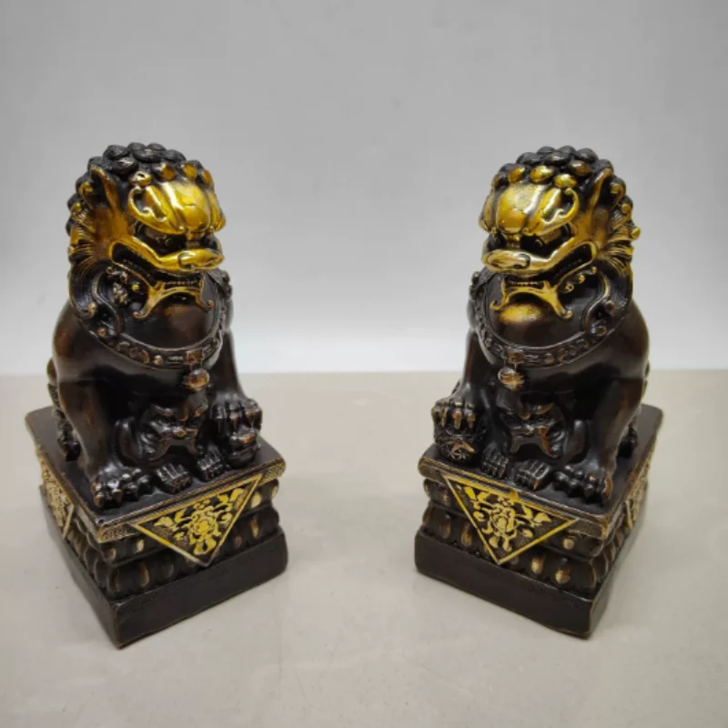 Antique bronze lion statue ornament a pair Guardian Door Fu Foo Dog home office desktop Feng Shui auspicious decoration