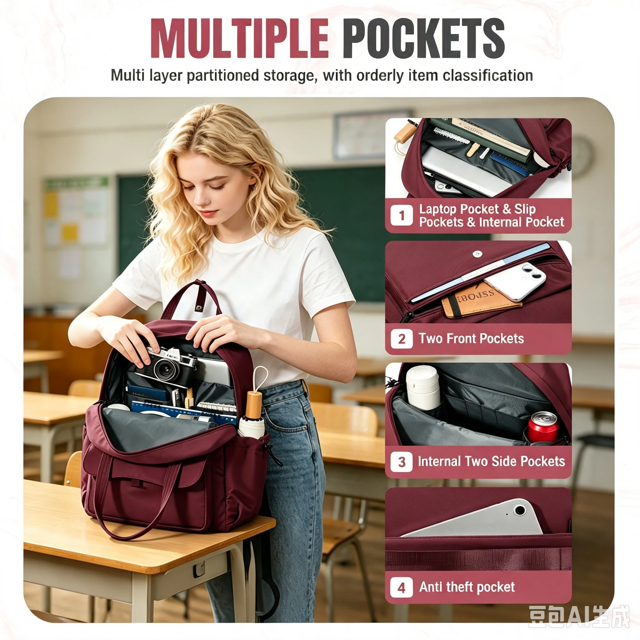 Casual Backpack, Back-To-School Essential School Backpack for Teens, Large Capacity Anti-Theft Daypack School Bag with Card Bag