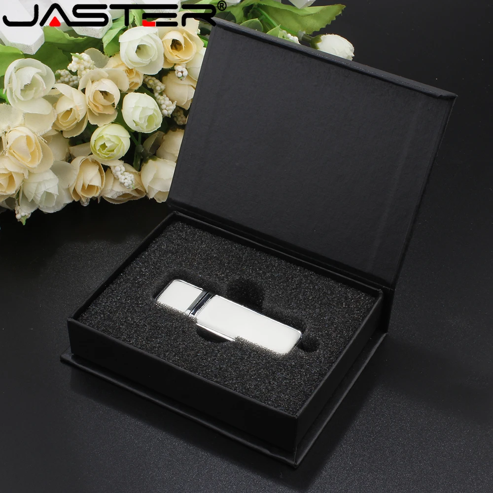 JASTER 다크 브라운 사각형 가죽 USB 2.0 플래시 드라이브, 흰색 메모리 스틱, 종이 상자 펜 드라이브, 64GB 외장 드라이브, 창의적인 선물, 128GB