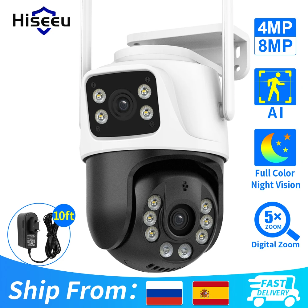 Hiseeu 8MP Wifi Survalance Camera Dual Screen & Dual Lens Color Night Vision Ai Auto Tracking Outdoor Wireless Security Camera