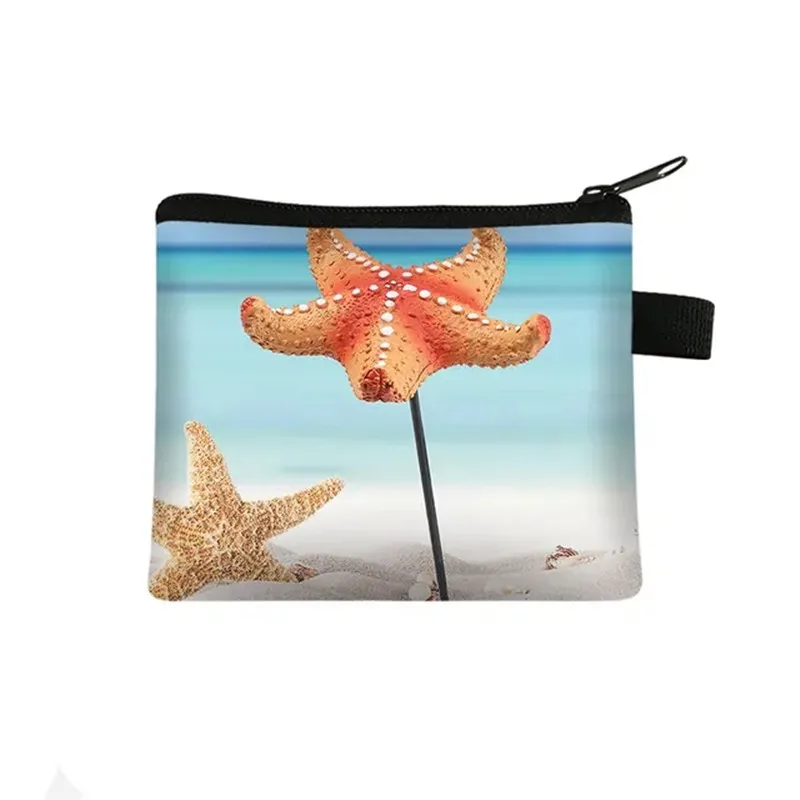 Ocean Beach Coin Purse Ladies Leisure Shopping Coin Bag Starfish Conch 3D Printing Wallet ID Credit Card Bag Girl Coin Case Bag