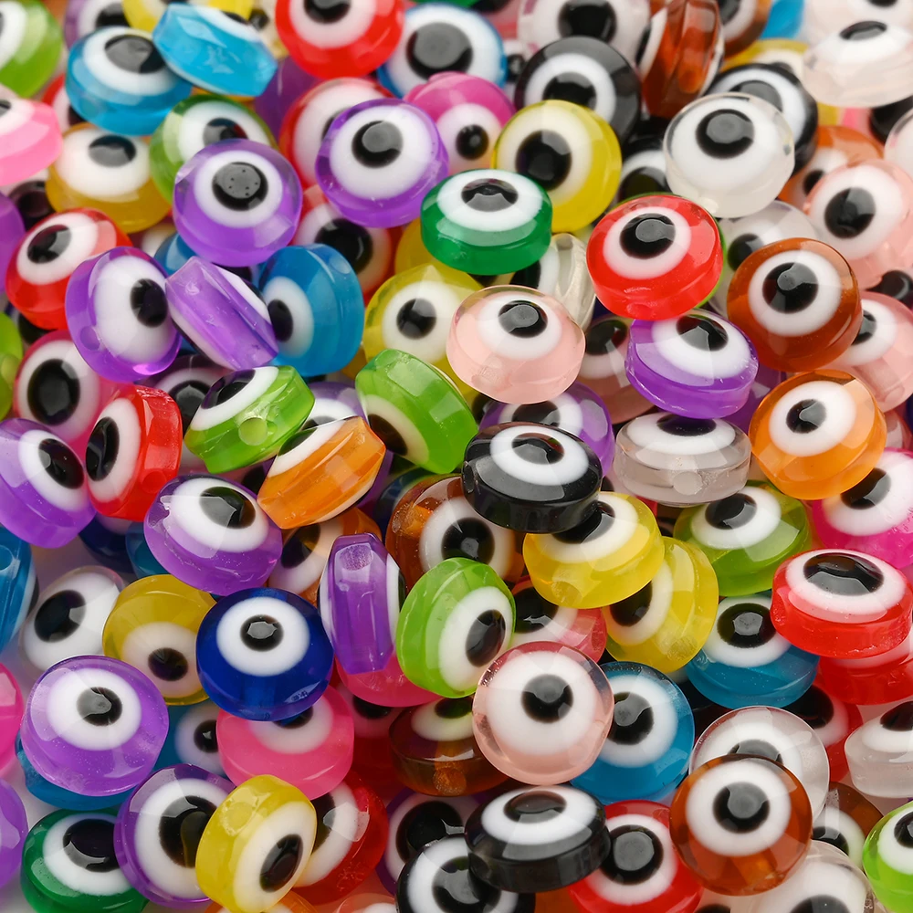 iYOE 50pcs 6/8/10mm Mix Evil Eye Spacer Bead Flat Round Turkish Eye Resin Beads For Making Bracelet Necklace Earring Phone Chain