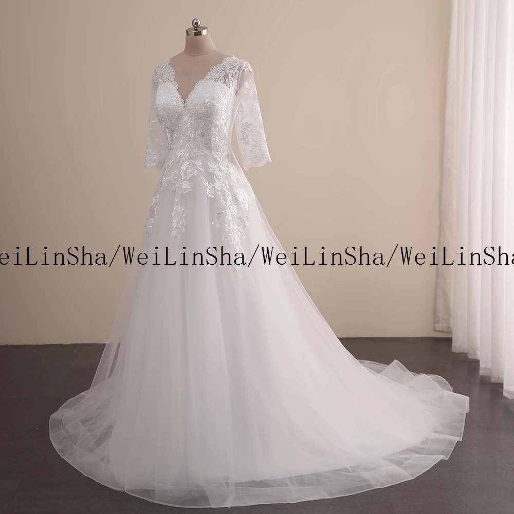 Personalizado WeiLinSha Cap manga una línea de tul elegante blanco vestidos de novia reales para matrimonio medio botón espalda vestidos de novia chaleco