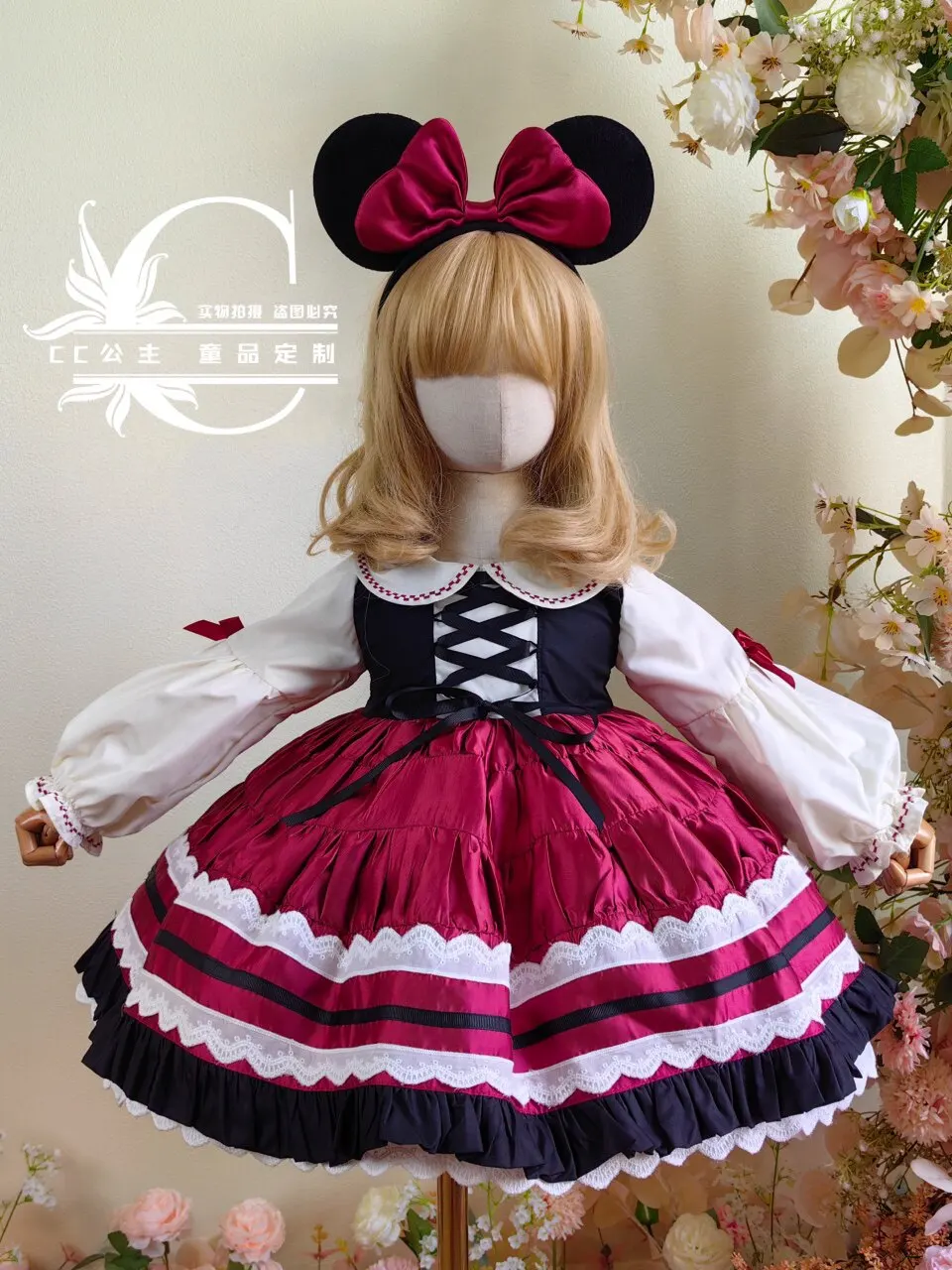 Süßes Lolita-Kleid für Mädchen, langärmelig, Peter-Pan-Kragen, Spitze, Rüschen, gestuftes Prinzessinnenkleid, Cartoon-Park-Geburtstagsparty-Kostüm – Detail 2