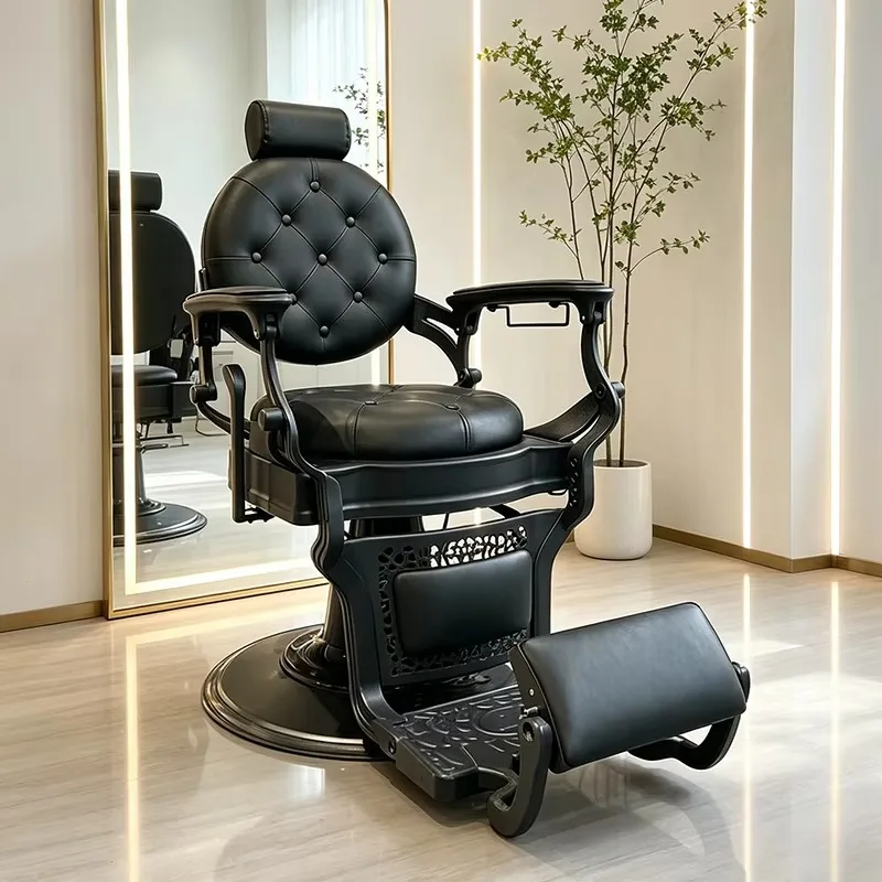 Modern Salon Furniture Full Black Tufted Hairdressing Shaving Chair Hydraulic Pump Heavy Styling Barber Chair For Men
