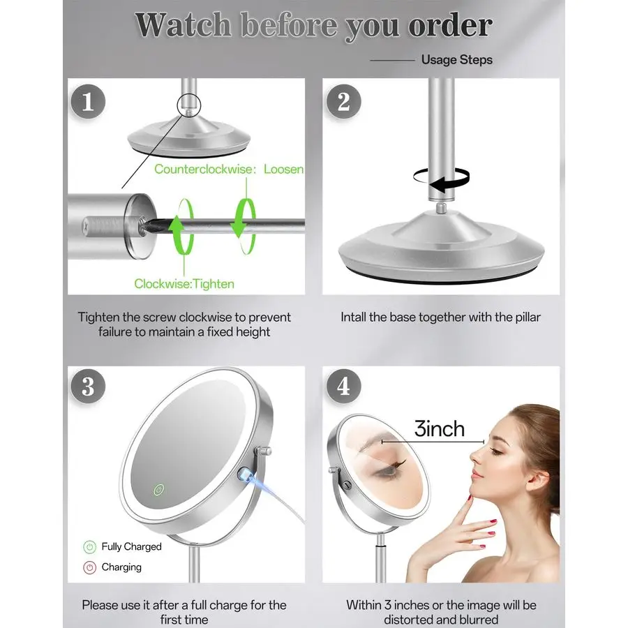 Mirror with Lights, 1X 30X Lighted Magnifying Mirror Height Adjustable, 3000mAh Rechargeable Double Sided Vanity Mirrors with 3