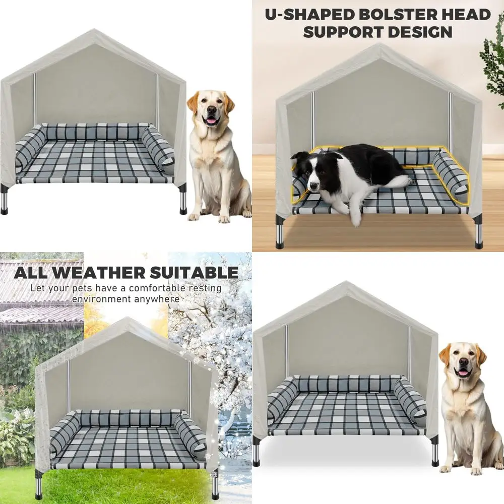 

Weatherproof 2-in-1 Portable Outdoor Dog Bed with Canopy & Bolster Pillow for Camping & Beach