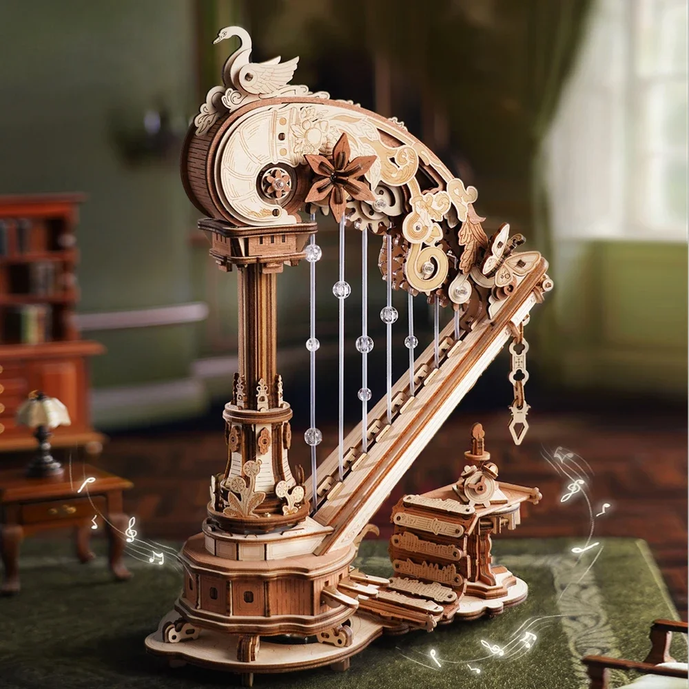 FurHaven 3D Wooden Puzzle Stringed Harp Music Box DIY Handmade Magic Cello Mechanical Music Box with Moveable Stem Creative Toy
