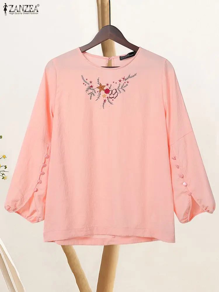 

2025 ZANZEA Women Autumn Embroidered Blouse Elegant Long Sleeve Tops Casual Work Blusas Floral Mujer Femme O Neck Loose Shirt