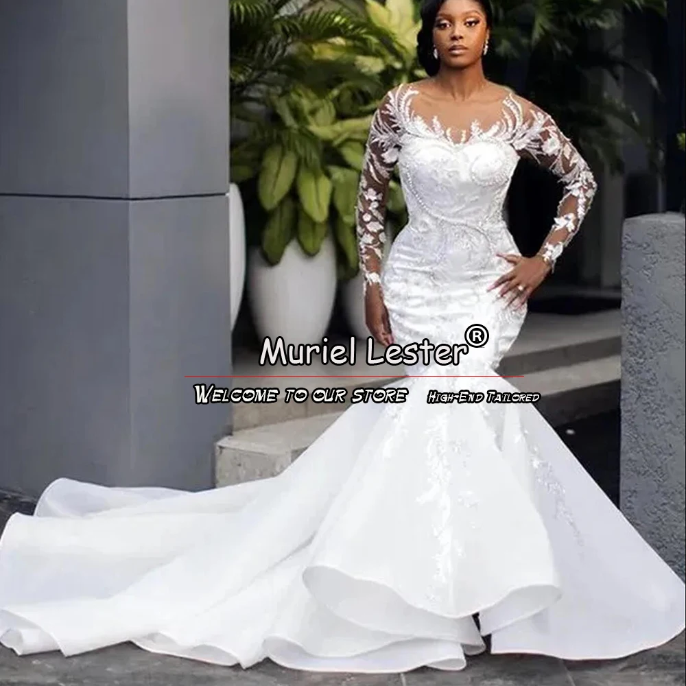 African Mermaid Wedding Dresses Plus Size White Appliques Beading Bridal Gowns Long Sleeve Bride Formal Party Dress Customized