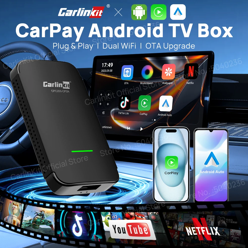 CarlinKit 4.0 CP2A Pro 3-In-1 Android TV Box CarPlay Ai Box يدعم Netflix YouTube Wireless CarPlay وAndroid Auto Smart Car Box