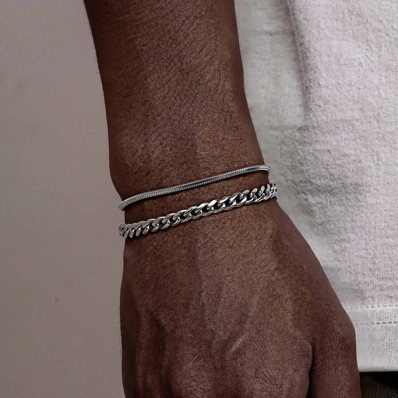 

Hiphop 2pcs Stacked Chan Bracelets for Men Boys,Stainless Steel Cuban Chain Wristband,18/21/23CM