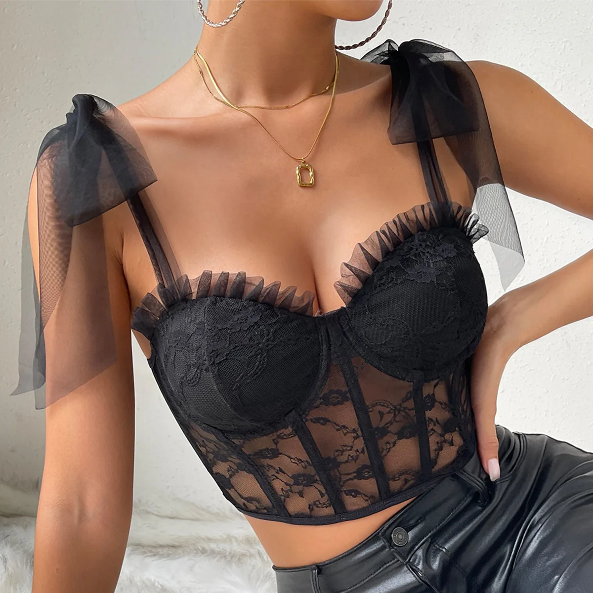 Sexy Lace Ins style Tank Tops Black Mesh Strap Corset Crop Top 2024 Summer See-through Camisole Womans clothing Sling Party Club