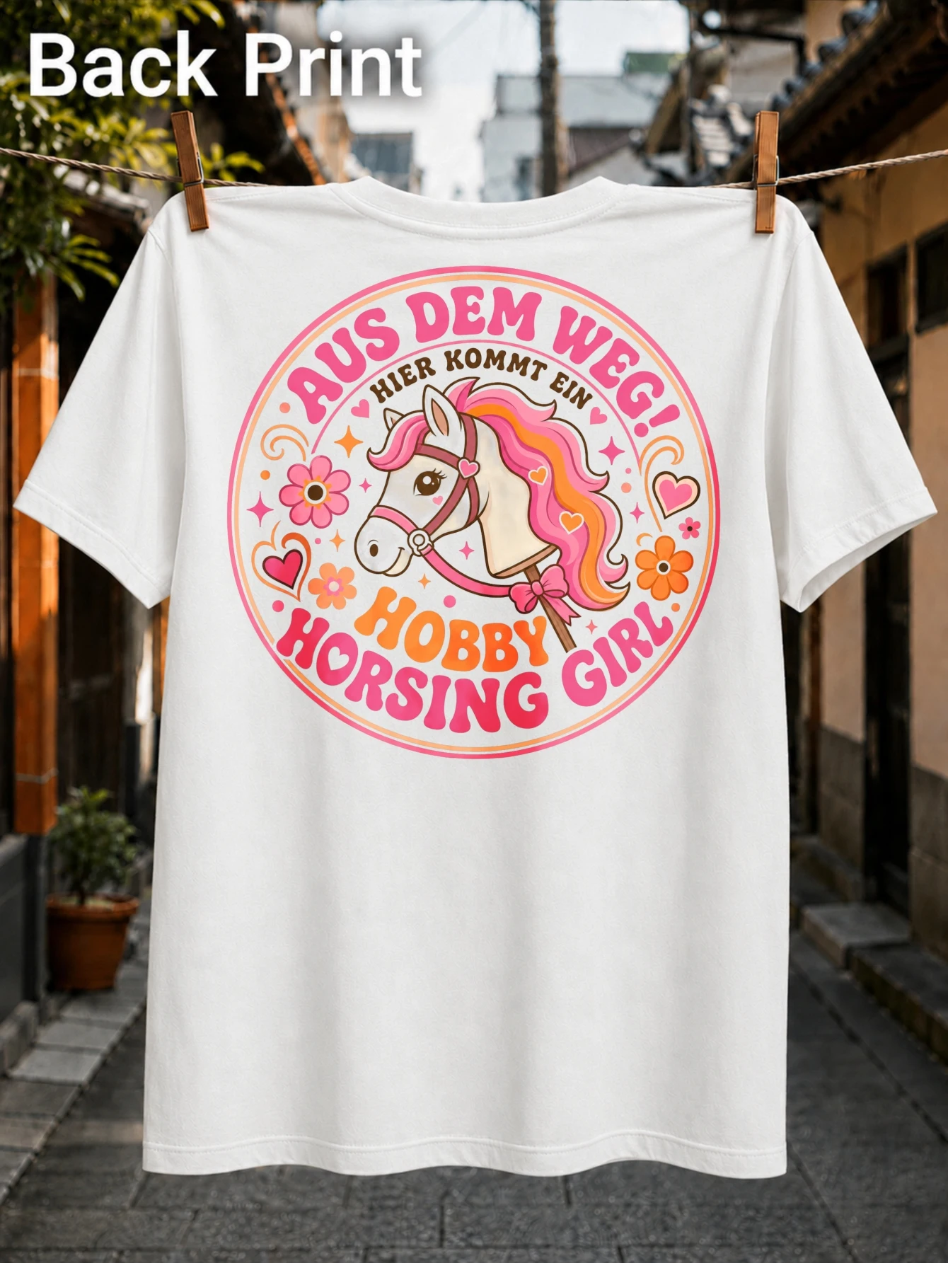 Hobby Horsing Girl pink mane hobby horse flowers hearts and round frame bright retro floral style  Unisex All T-Shirt