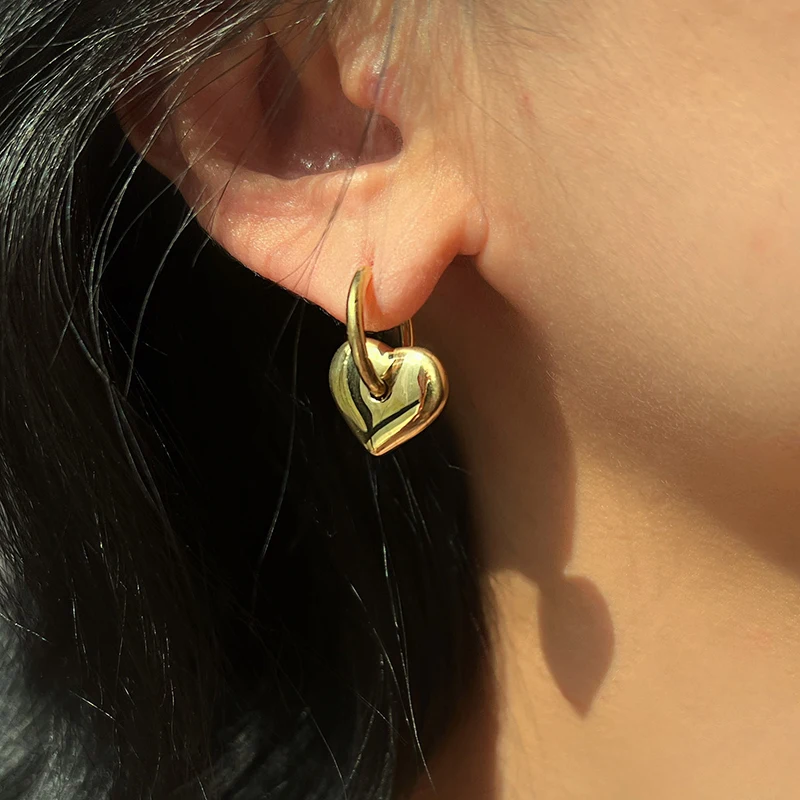 Vintage Golden Stainless Steel Waterproof C Shaped Heart Pendant Hoop Earrings for Women Sweet Heart Studs Fashion Jewelry Gift - Image 4