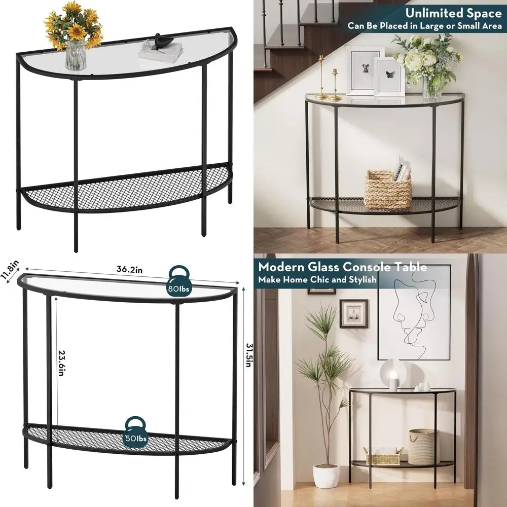 

Modern 2-Tier Half Moon Console Table, Black Metal Frame, Clear Glass, Small Entryway Furniture, Easy Assembly