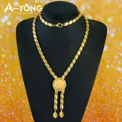 Luxury Arabic Gold Color Long Necklace 24k Gold Plated Turkish Fashion Chokers Dubai Islamic Women Wedding Party Chic Jewelry
