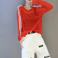 2024 Spring Summer New Spliced Contrast Color Striped Long Sleeve Gauze Loose Women's Fashion Versatile Round Neck T-shirts Tops