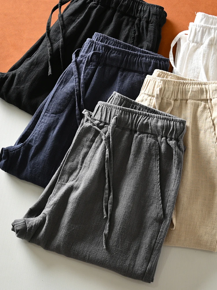 Lightweight Linen Cotton Loose Straight Leg Men's Nine-Foot Pants Breathable Summer Casual Trousers Fashionable Urban Style