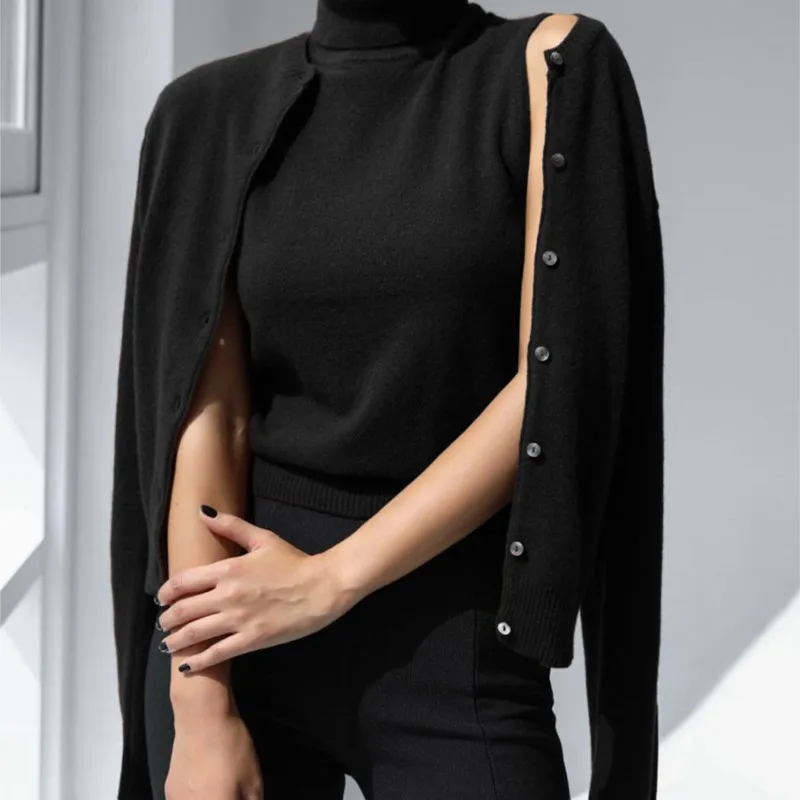 2025 primavera outono casual cor sólida feminino malha superior conjunto de duas peças gola alta sem mangas casaco inferior + moda cardigan topo