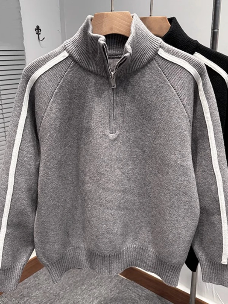 

Мужская трикотажная куртка на молнии с полувысоким воротником, осенний свитер в контрастную полоску с воротником-стойкой, утепленный трикотаж большого размера, повседневный теплый топ